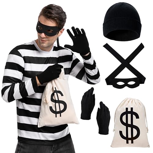 Spooktacular Creations Halloween Juego de disfraces de ladrones para adultos, incluye bolsas de guantes de camisetas y máscara para los ojos para la fiesta de Halloween