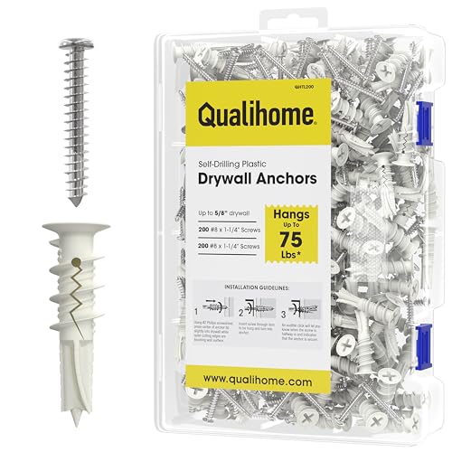 Image of Qualihome Drywall Anchors with Screws - Self-Drilling Drywall Anchors, Anti-Spin Grip, No Pre-Drill Wall Anchor Kit, Strong & Reliable Hold, 200 Pack (400 Pieces)