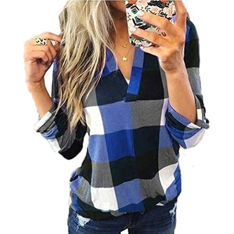 Yutila Women's V-neck chequered blouse loose long sleeve shirt blouse - Blue - Small Cover