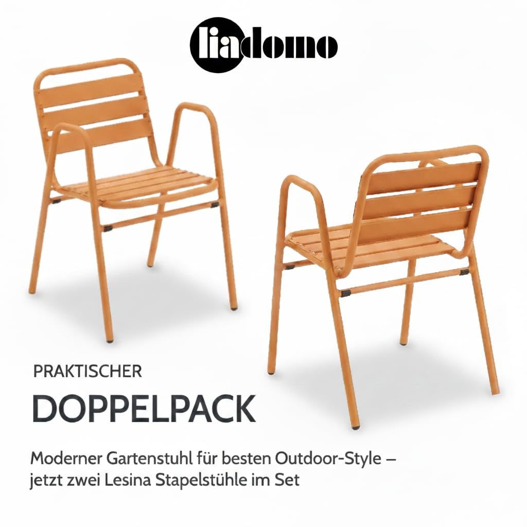Gartenstuhl 2er-Set Lesina - 2 Stück Stapelstuhl - Aluminium-Gestell orange- wetterfest - stapelbar - Bistrostuhl - fertig montiert - für Garten, Terrasse, Balkon