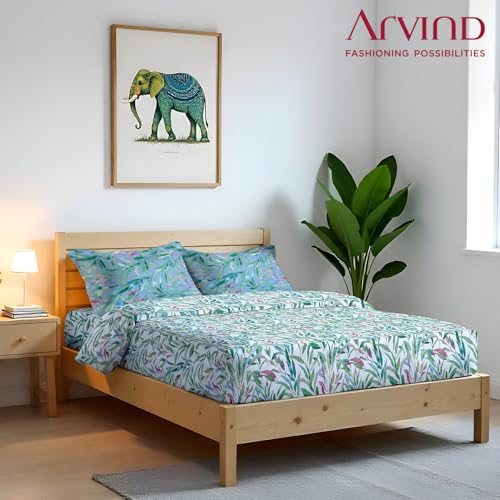 Image of Arvind Bedsheet Set - 100% Cotton Bedsheet for Double Bed (1 Queen Size Bedsheet with 2 Pillow Covers) Soft Breathable, 144 Thread Count - Slumber -Shade 15 (21027-B)
