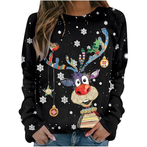 UXSELKCD Pull de Noël pour femme drôle Noël Ugly Sweat-shirt Coton Pull basique Col rond Motif tête de cerf Costume de Noël, Noir #6, L UXSELKCD Pull de Noël pour femme drôle Noël Ugly Sweat-shirt Coton Pull basique Col rond Motif tête de cerf Costume de Noël, Noir #6, L