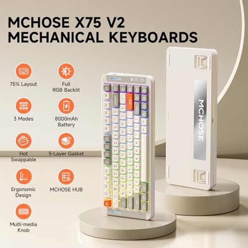 Image of MCHOSE X75 V2 Wireless Mechanical Keyboard Volume Knob, Tri-mode BT5.0 /2.4GHz /USB-C Hot Swappable Custom Keyboards, Linear Switch Creamy keyboards,RGB Gaming Keyboard for PC /Tablet /PS /Xbox,Retro White