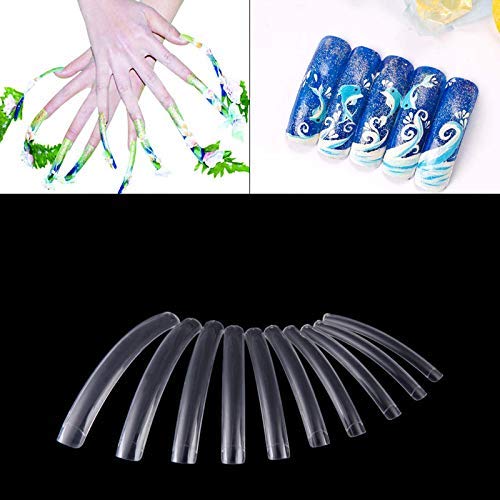 Vcedas 100 Pcs Curve Extra Long Nail Tip Clear Square Sharp False Nail Art Tips 10 Sizes Acrylic Fake Nail with Bag for DIY Nail Salons