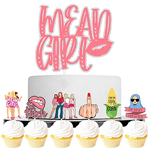 So Fetch One Cake Topper and 6pcs Dessert Cupcake Topper Lip Pink Glitter Mean Girls Theme Decorations Woman Lady Night Out Happy Birthday Hen Movie Party Decor
