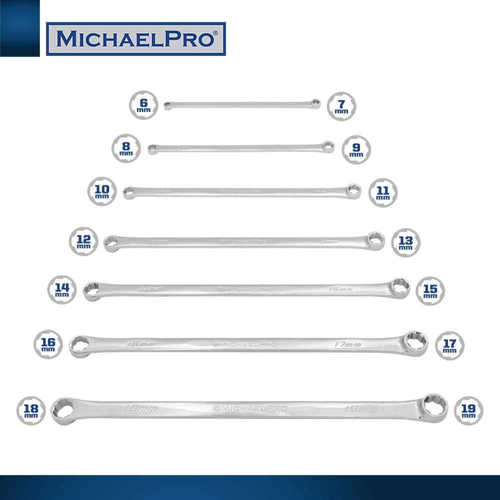 MichaelPro MP001213 7Pc Extra Long Bolt Extractor Wrench Set (Metric) | 6-Point Rounded Box End Nut & Bolt Remover | Rounded, Stripped, Thin Bolt & Nut Remover