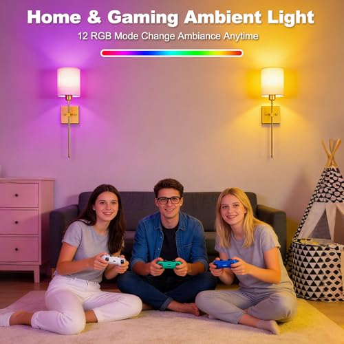 Image of Battery Operated Wall Sconce Set of 2, Wireless Wall Light Gold | Battery Operated Wall Sconce 5300mAh Rechargeable Dimmable Bulb, 12 Colors Wireless Wall Sconces for Bedroom Living Room