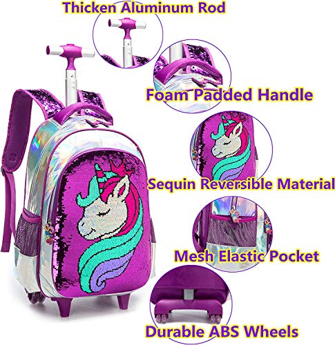Egchescebo School Kids Rolling Backpack for Girls and Boys With Wheels Trolley Wheeled Backpacks for Girls Travel Bags 3PCS Girls and Boys Backpack With Lunch Box Purple