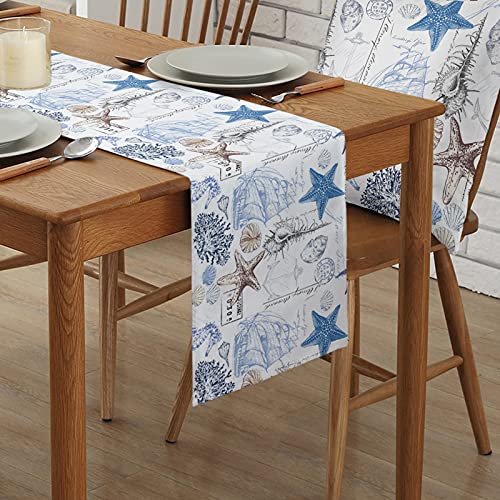 Beach Coastal Nautical Table Runner 36 Inches Small Cotton Linen Tablerunner Dresser Scarves,Undersea Shell Starfish Coral Hippocampus Boat Burlap Runner Nautical Decor for Dinner/Coffee/Party/Wedding - Image 3