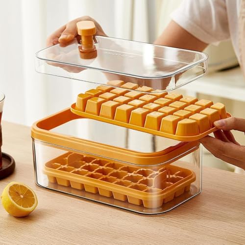 Image of Homecloud 2-Layer Ice Cube Tray with Lid & Bin - BPA-Free Square Ice Cube Molds with Scoop, Easy One-Tap Release, Space-Saving Ice Storage Container, Makes 64 Cubes (Yellow)