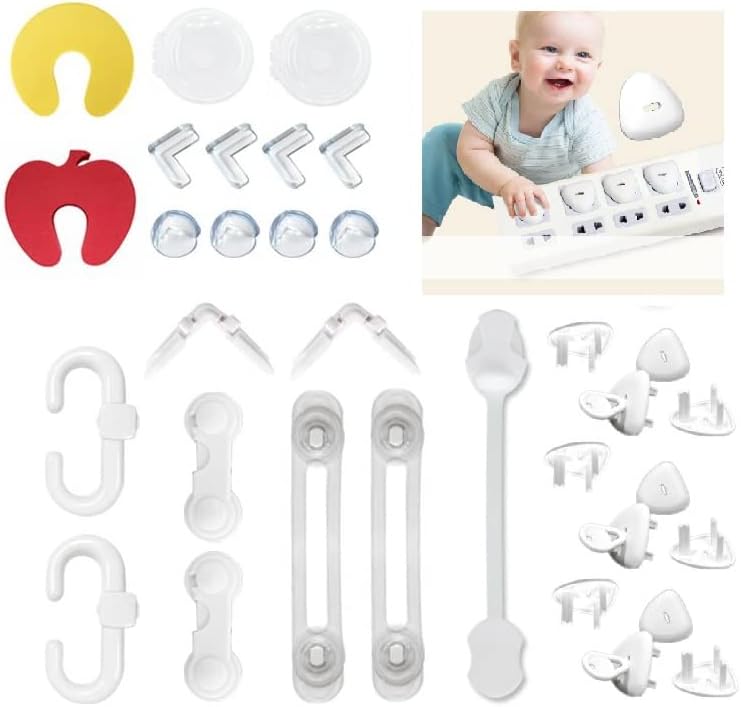 S&D, Baby Safety kit Child Security Set Includes Corner Protectors, Baby Proofing Set, Plug Covers, Toilet Lock, Oven knob Cover Drawer Strap Lock, Cupboard Latch, Door Stopper (Premium 33 Pieces)