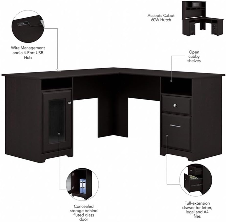 Bush Home Cabot 60W L Shaped Computer Desk with Hutch and 5 Shelf Bookcase in Espresso Oak