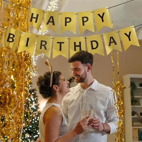 Image of Gold Happy Birthday Banner,Pre-Strung Gold and Black Birthday Party Decorations,16ft Hanging Sign for Kids, Girls, Boys, Women - No DIY, Backdrop Supplies