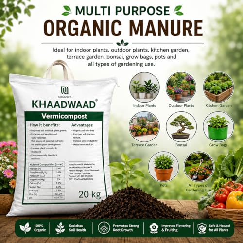 Image of Organic Vermicompost Fertilizer for Plants | Natural Manure & Soil Enricher for Home Garden, Terrace Garden, Pots, Planters & Vegetable Plants - 20kg