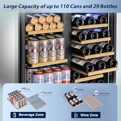 Image of Tylza 30 Inch Wine and Beverage Refrigerator, Dual Zone Wine Beverage Cooler 30 inch with French Door, Under Counter Wine Beer Fridge Built-In or Freestanding, Holds 29 Bottles and 110 Cans, Black