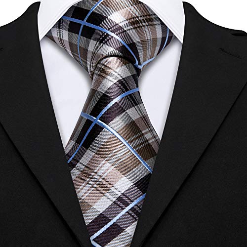 Image of Barry.Wang Plaid Ties for Men Silk Necktie Handkerchief Cuff Links Set
