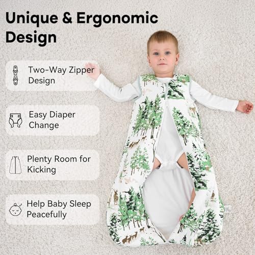 Image of Baby Sleep Sack 6-12 Months 1.5 Tog Baby Wearable Blanket 100% Cotton Fabric Warm Sleeping sack with 2-Way Zipper Quilted for Infant Newborn Tog Green Pine