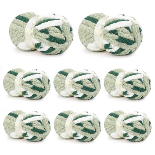 Image of Chunky Yarn for Hand Knitting, Chunky Chenille Blanket Yarn for Crocheting, Bulky Soft Fluffy Chenille for Blanket Project, 8 Pack of 8oz /25yds, Gray Green + White