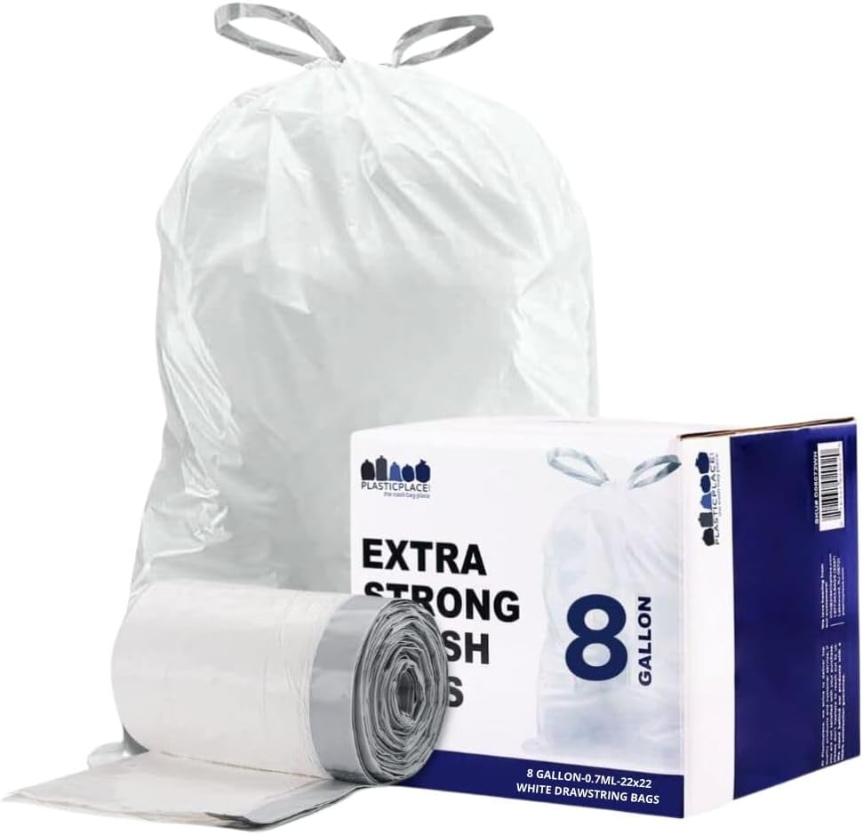 Plasticplace 8 Gallon Trash Bags Premium White Drawstring