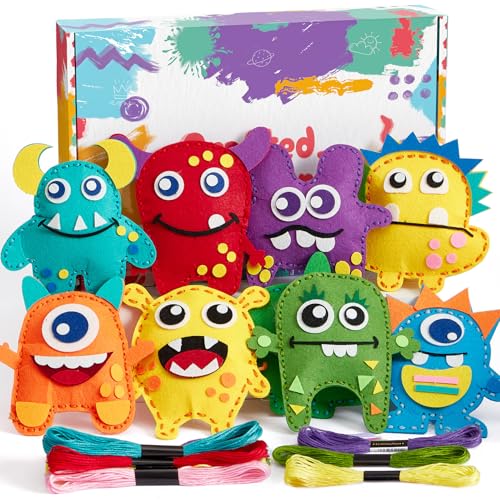 TUZT My First Sewing Kit for Kids - Monster Sewing Craft Kit for Beginners with 12 Pre-Cut Monster Plush Toys, Scissor, Plastic Needles & Thread, DIY Felt Crafts Project for Girls & Boys Ages 4-12