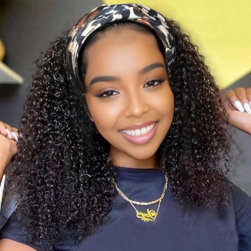 LOVFIR Echthaar Perücke Locken Headband Wigs Human Hair Curly Human Hair Wigs for Black Woman Curly Wig Human Hair Headband Wigs for Woman 150% Density Natural Black Color Soft and Full 14 inch