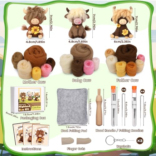 Image of Yizzvb Needle Felting Kit, Highland Cow Family Needle Felting Kits for Beginners Adult with Instruction, Wool, Felting Needles, Felting Pad, Wool Felting Kits for Beginners DIY Home Decoration