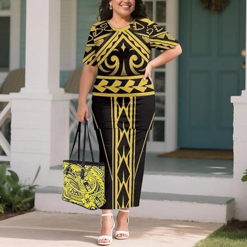 Image of Puletasi Samoan Traditional 2 Piece Outfits for Women Short Sleeve Crop Top and Maxi Skirt Sets Puletasi Dress