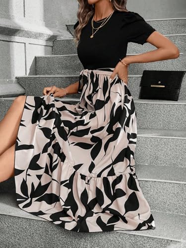 PerZeal Women's Casual Summer Crewneck A Line Short Sleeve Print Flowy Boho Long Maxi Dress with Belt3