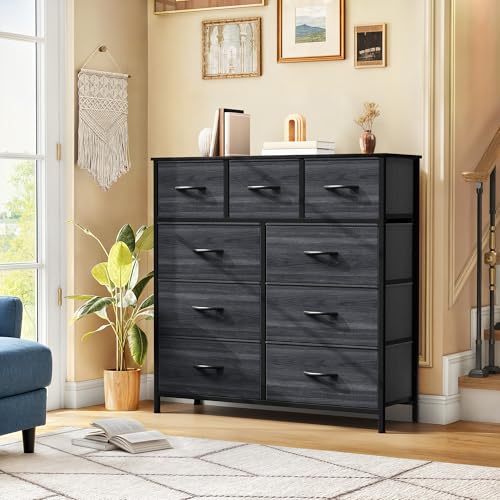 DWVO Dresser with 9 Drawers - Fabric Storage Tower, Organizer Unit for Living Room, Hallway - Sturdy Steel Frame, Wooden Top & Easy Pull Fabric Bins