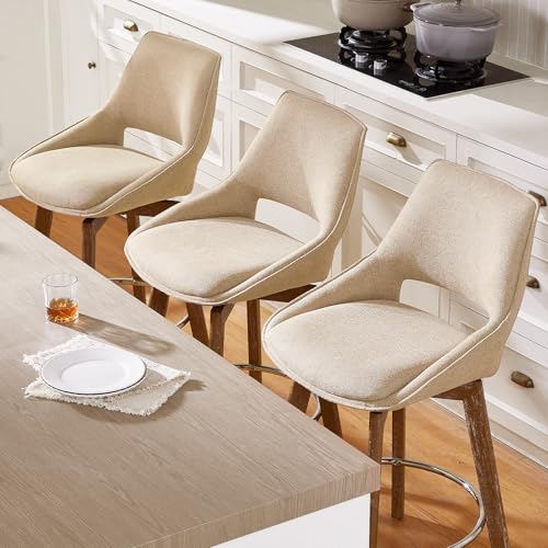 Butacos giratorios de altura para barra, set de 3 unidades color arena, patas de madera maciza, asiento acolchado en tela, ideales para islas de cocina y bares domésticos miniatura 4