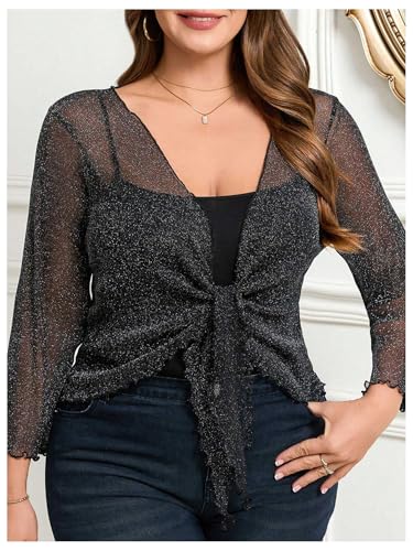 OYOANGLE Women's Plus Size Glitter Long Sleeve Sheer Tie Front Cardigans Party Lightweight Bolero Shrug3