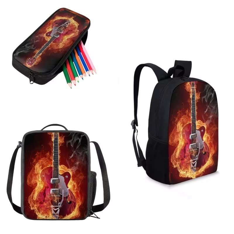 AmzPrint 3 In 1 Flame Fire Guitar Backpack And Lunch Bag Set For Girls Elementary 17 Inch Childrens School Backpacks Black2
