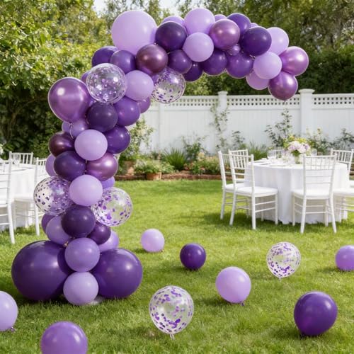 Image of 100Pcs Purple Balloons with Metallic Pastel Dark Purple Confetti Balloons | 12inch Purple Chrome Confetti Latex Balloons Kit for Women Birthday Wedding Baby Bridal Shower Halloween Party Decorations