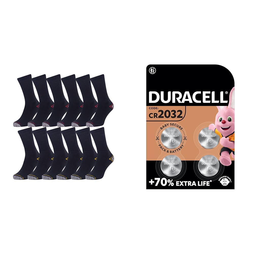 Iron Mountain12 Pairs One Size Men’s Padded Heel and Toe Work sock Heavy Duty (6-11 / EU 39-45) & DURACELL 2032 Lithium Coin Batteries 3V (4 Pack) - Up to 70% Extra Life - Baby Secure Technology