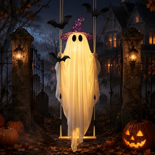 5' Sehloran Hanging Swinging Halloween Ghost w/ Bats & Witch Hat - image 9