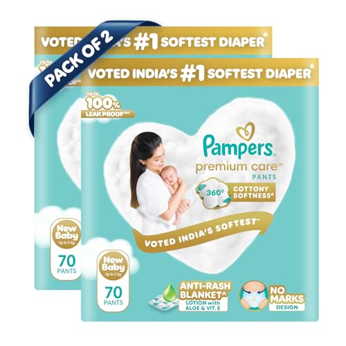 Image of Pampers Premium Care Pant Style Baby Diapers XS 70 Count | No Marks Design | Voted India's #1 Softest Diaper | All in 1 diaper with 360 Cottony Softness (Pack of 2)