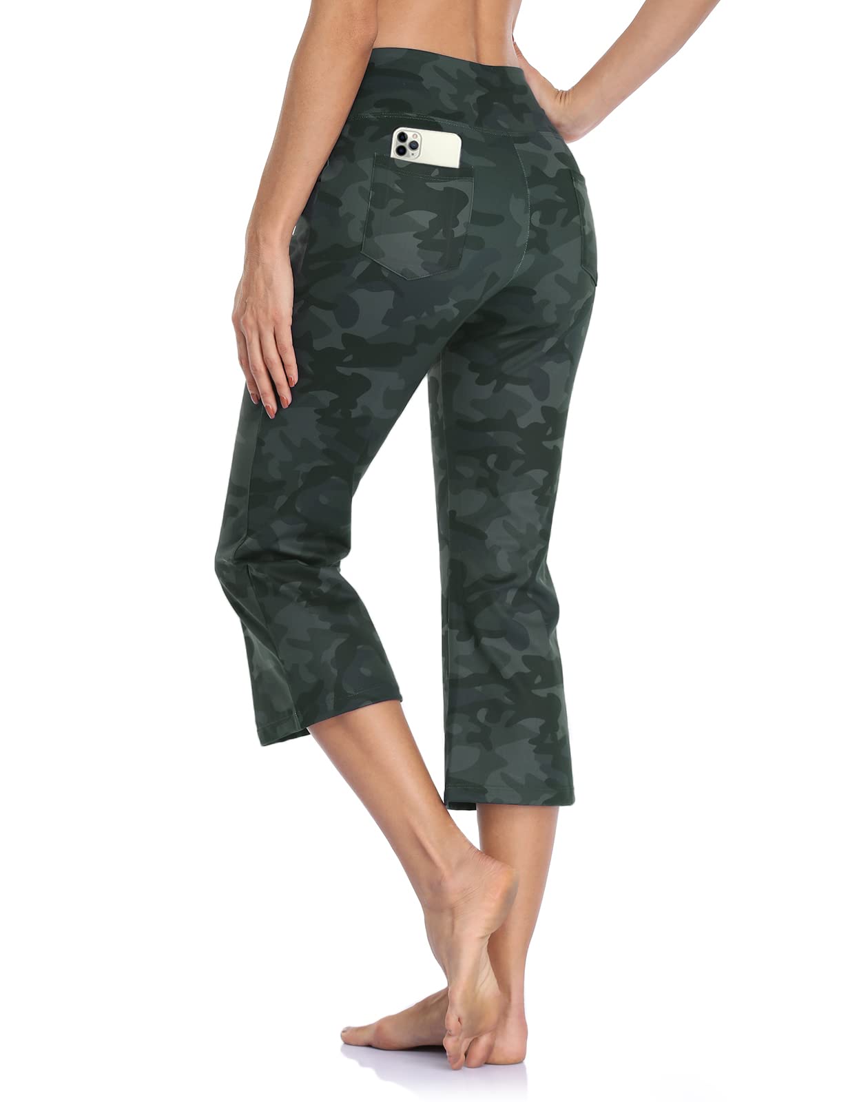 MOVE BEYOND Women's Bootcut Yoga Capris with 4 Pockets Buttery Soft Workout Bootleg Pants Tummy Control Work Pants, Camouflage, S