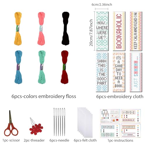 Image of FREEBLOSS 6 Set Cross Stitch Bookmark Kit Stamped Cross Stitch Kit Read Text Stamped Embroidery Bookmark with Instruction Cross Stitch Kits for Adults DIY Bookmark Kit 8.66''x3.14''
