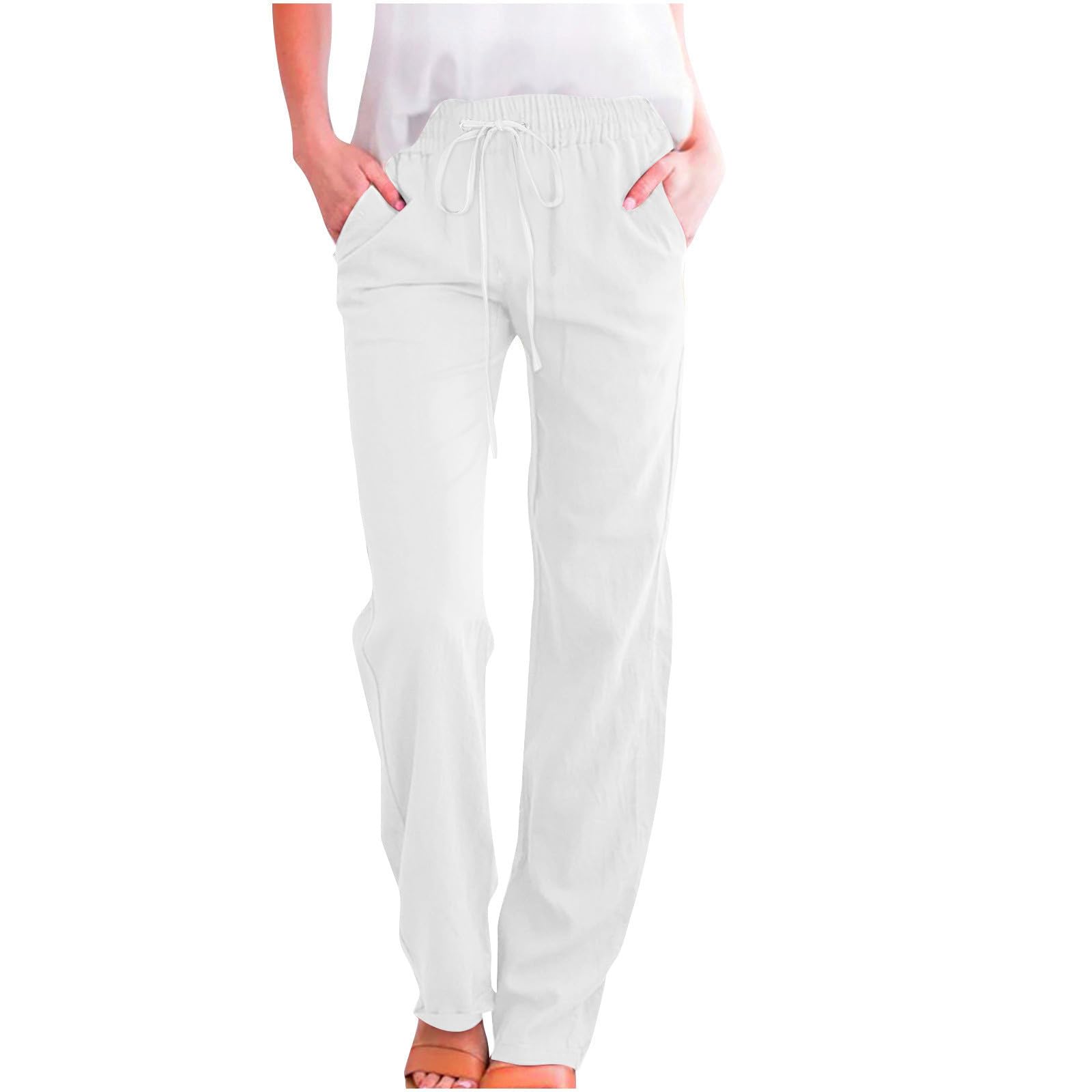 Linen Pants Women High Waisted Drawstring Straight Leg Trousers with Pockets Casual Summer Resort Wear 2026