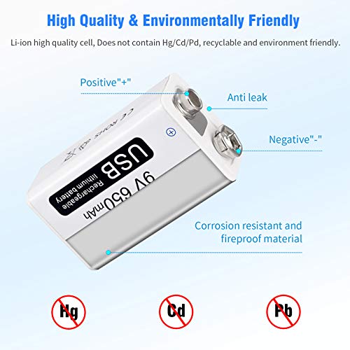 CITYORK 9V USB 650mAh Oplaadbare Li-ion-Batterijen met USB-Kabel voor Microfoon, Rookmelder, Speelgoed… - Afbeelding 5
