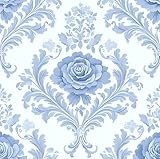 Froluya White and Blue Damask Peel and Stick Wallpaper Floral Contact Paper 16.9' x 118.1' Vintage Blue Rose Self Adhesive Wallpaper Boho Removable Decorative Wall Paper for Bedroom Cabinets Vinyl