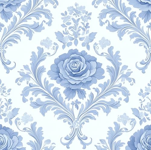 Froluya White and Blue Damask Peel and Stick Wallpaper Floral