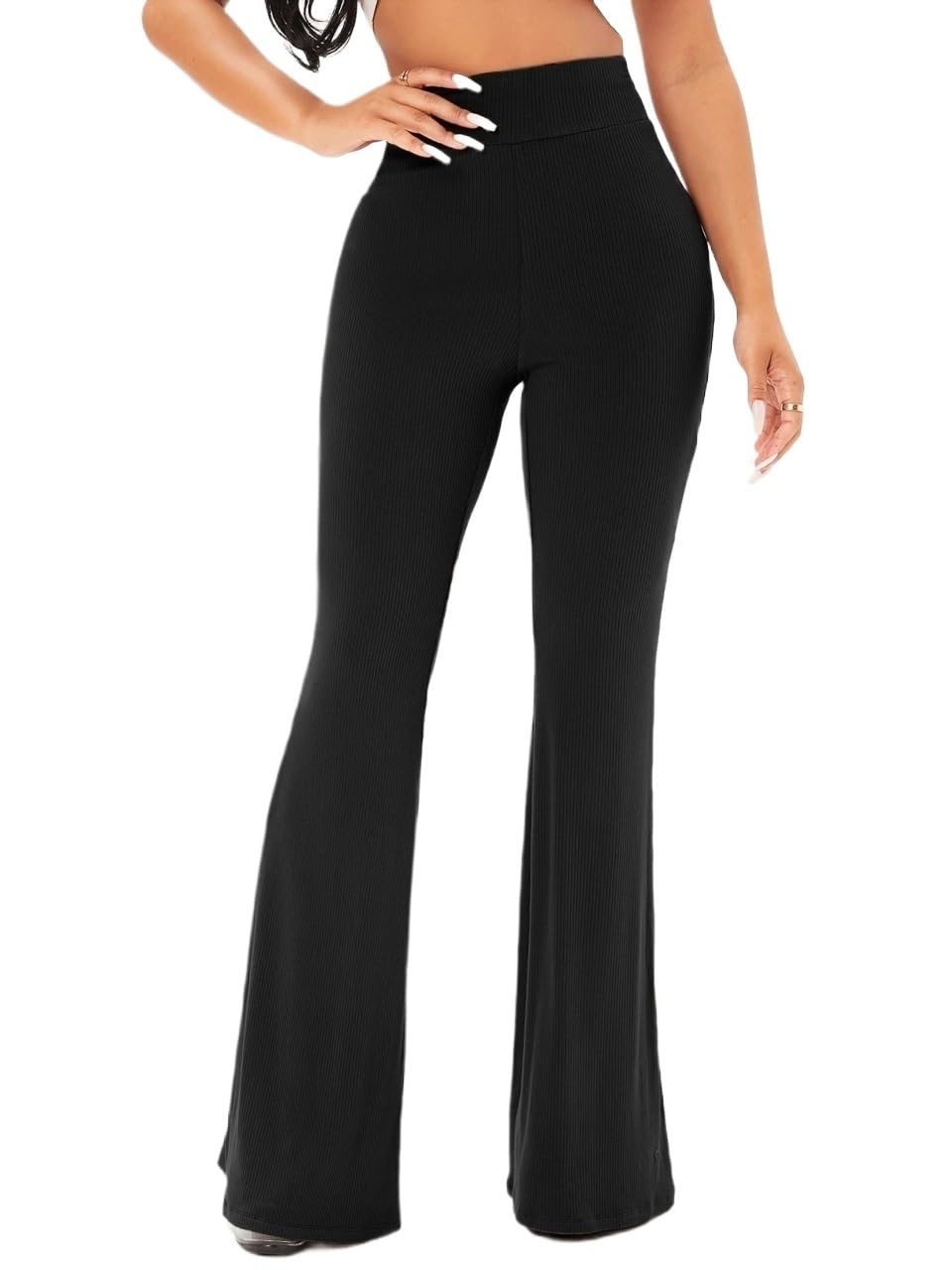 Womens Fall Solid Rib Knit Leg Pants Trousers Black