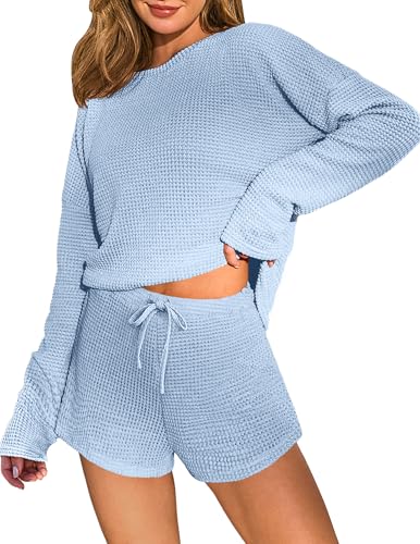 Ekouaer Womens Waffle Knit Lounge Set Long Sleeve Top and Shorts Pajama Set Print Comfy Sets Loungewear with Pockets Light Blue Medium