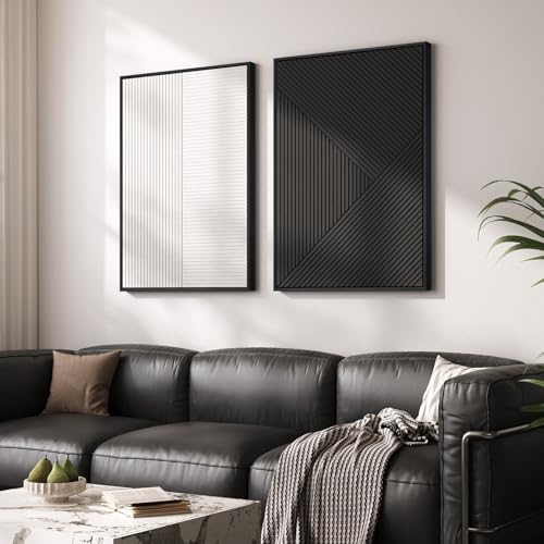Large 3D Textured Framed Black and White Abstract Wall Art, 2 Piece Modern Minimalist Artwork for Walls, Black White Geometric Line Pictures for Living Room Bedroom Hallway Office Wall Decor 24x36 In by Cuspin - Image 4