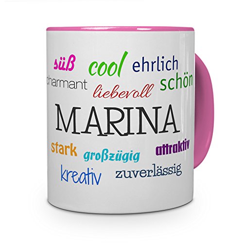 printplanet Tasse mit Namen Marina - Positive Eigenschaften von Marina - Namenstasse, Kaffeebecher, Mug, Becher, Kaffeetasse - Farbe Rosa