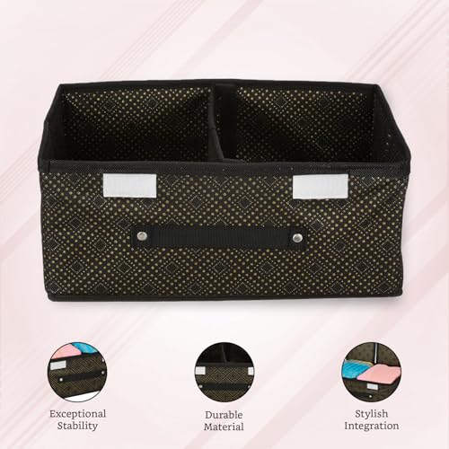 Image of Amazon Brand - Solimo Double Lid Foldable Storage Box | Toys Storage Bin | Wardrobe organizer for Clothes | Front Handle | Stackable Rack | 36 x 25 x 16 cm (Golden Dot, Black)