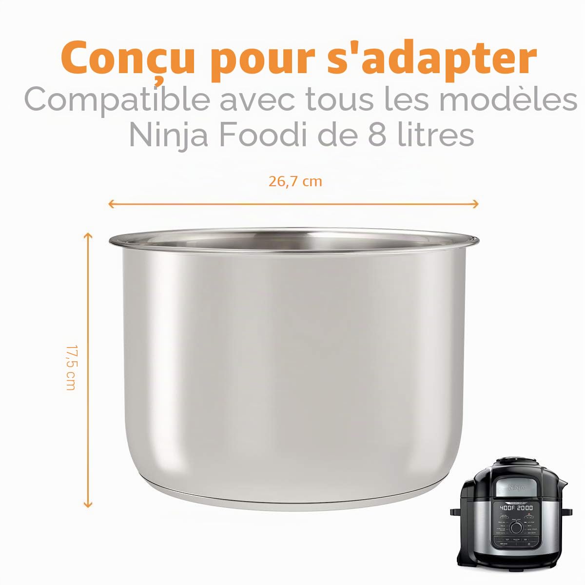 Sicheer Rechange en acier inoxydable pour pot intérieur de casserole compatible avec Ninja Foodi 8 l