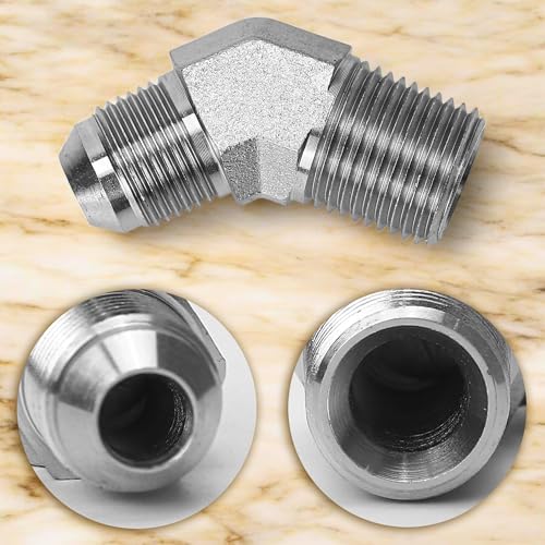 Image of 2503-08-08 Hydraulic Pipe Fitting Replacement 1 /2 inch Male JIC X 1 /2 inch Male Pipe 45 Degree Elbow Adapter Carbon Steel, 3 /4 inch-16 SAE x 1 /2 inch-14 NPTF Thread, 1 /2 inch Male JIC x 1 /2 inch Male NPTF, 0.875 inch Flats