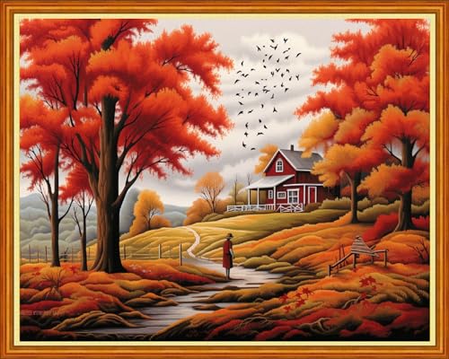 Image of Dooxvey Cross Stitch Kits for Adult Beginners - Full Range of Stamped Kits, Needlepoint & Embroidery Kits - 11CT Cross Stitch Patterns: Autumnal Scenery - 16x20 inch